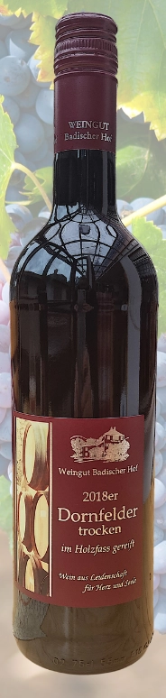 2018er Dornfelder Rotwein trocken im Qualitätswein. 0.75l Weingut Hof gereift Holzfass Badischer Deutscher